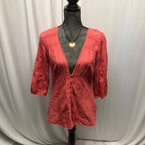 Sonoma Coral Cotton Blouse Womens Size Medium Button Front V-Neck Boho Top